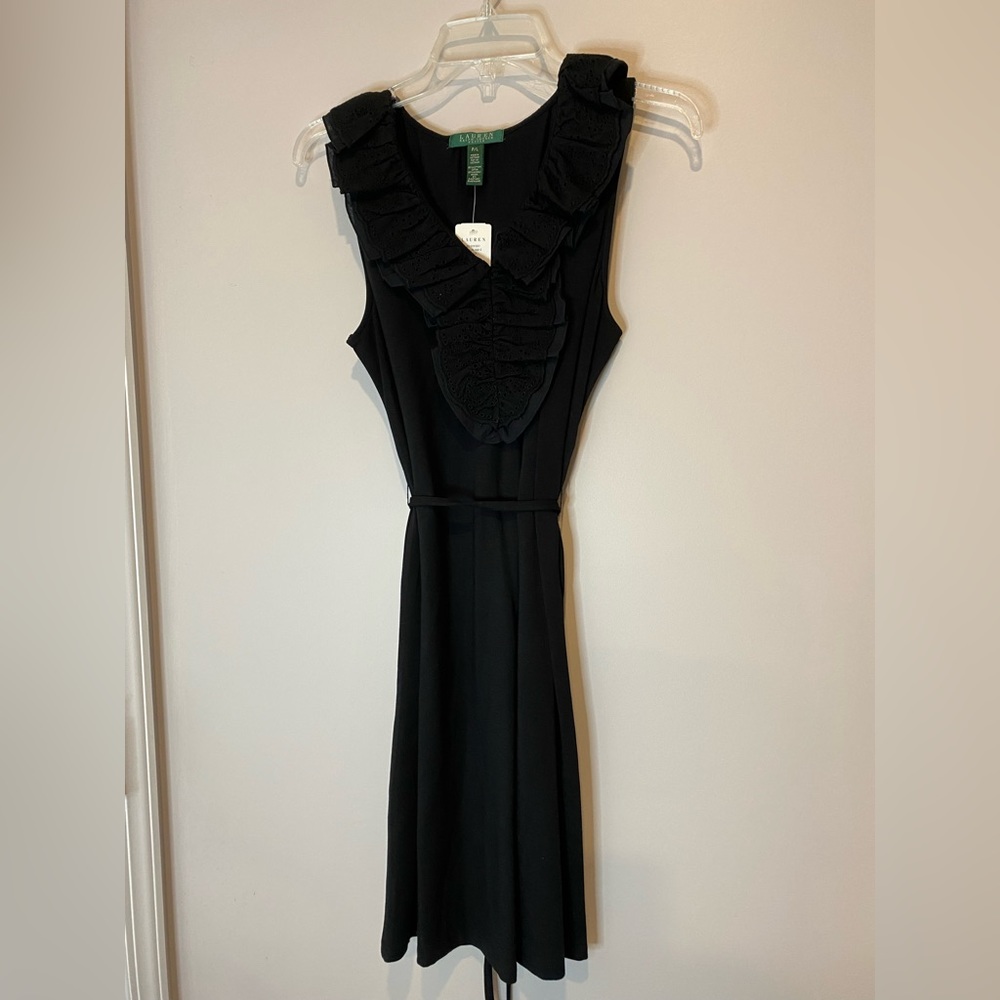 Ralph Lauren Black Lace Ruffle Sleeveless Dress Petite Large